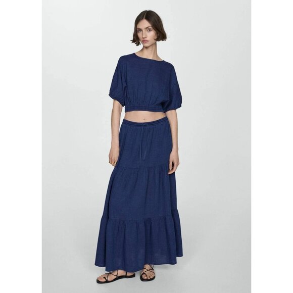 Mango Puffed-Sleeve Cotton denim Cropped Top Night Blue Chambray XS - Picture 10 of 12